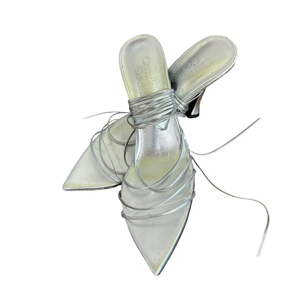 Camila Coelho Metallic Silver Wrap Sandal SIZE 9 Stiletto Heel Gladiator Party